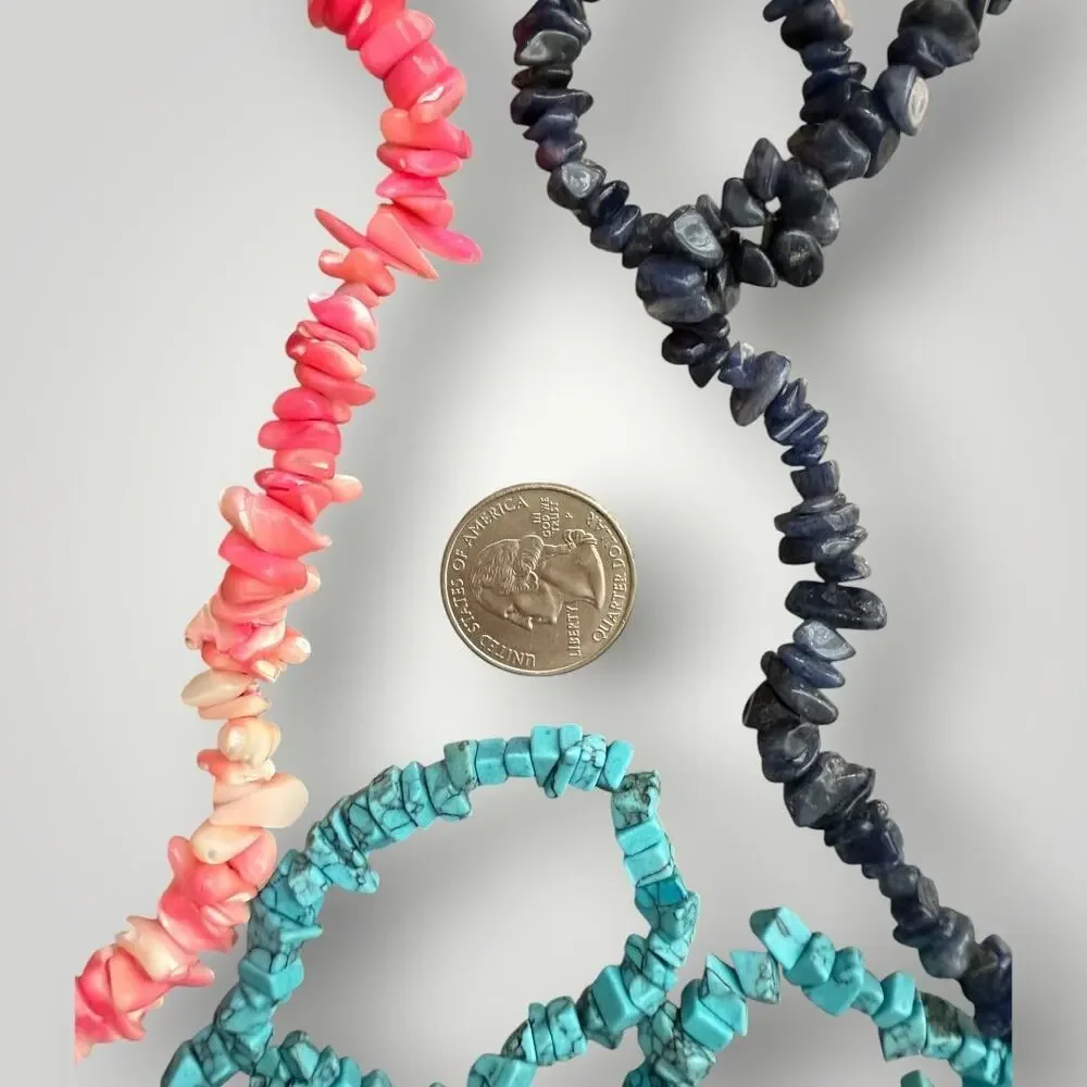 Natural Stone Chip Bead Necklace Set 34” Turquoise Coral Sodalite Boho Style